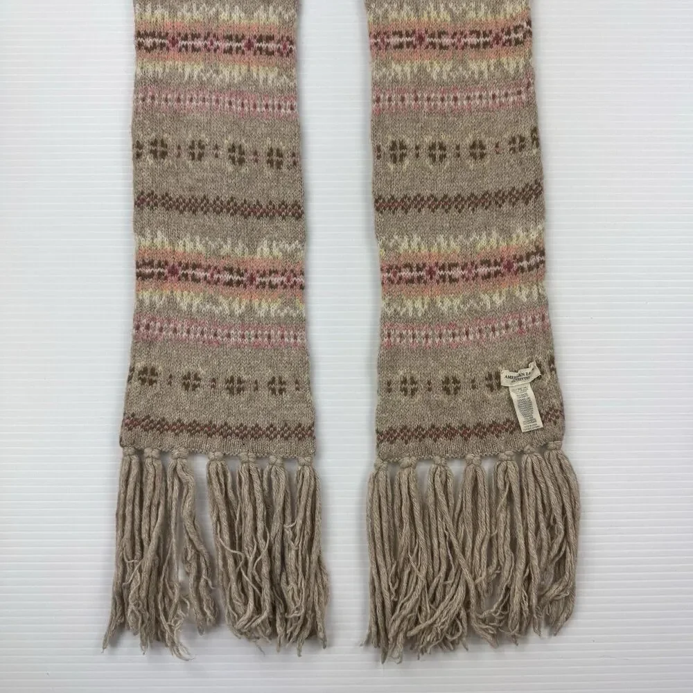 American Eagle Angora Cashmere Blend Fair Isle Fringe Scarf Beige Soft